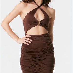 Silky Brown ruched dress with cross or open neck tie straps